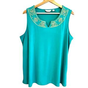 Susan Graver Womens Liquid Knit Sleeveless Top Sz XL Embroidered Mature Stretch